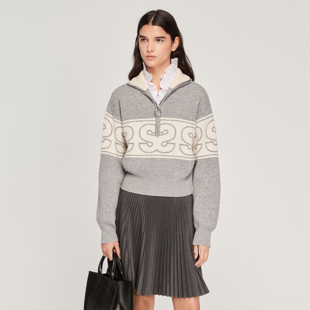 Sandro Gray and Cream Cowl Neck Sweater - Picture 2 of 2